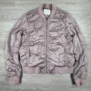 Lucky Brand Women Bomber Jacket Satin Full Zip Mauve Pink‎ Medium Utility Pocket